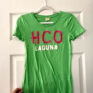 Hollister Green Tee with Pink and White Lettering